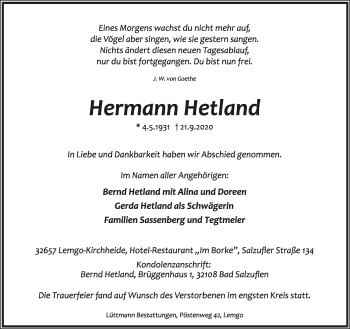 Anzeige  Hermann Hetland  Lippische Landes-Zeitung
