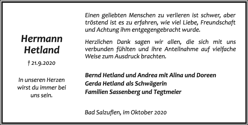  Traueranzeige für Hermann Hetland vom 31.10.2020 aus Lippische Landes-Zeitung