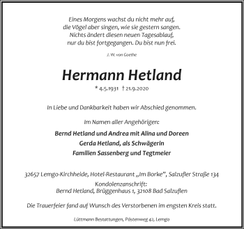 Anzeige  Hermann Hetland  Lippische Landes-Zeitung