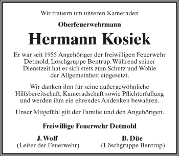 Anzeige  Hermann Kosiek  Lippische Landes-Zeitung