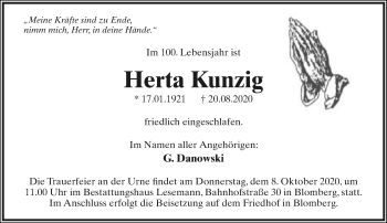 Anzeige  Herta Kunzig  Lippische Landes-Zeitung