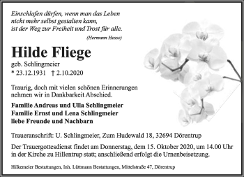 Anzeige  Hilde Fliege  Lippische Landes-Zeitung