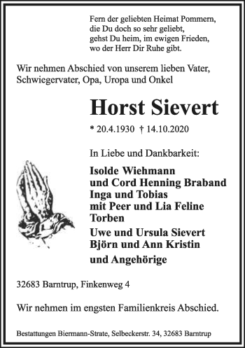 Anzeige  Horst Sievert  Lippische Landes-Zeitung