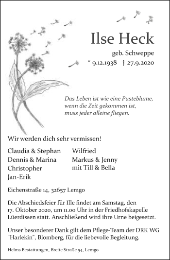 Anzeige  Ilse Heck  Lippische Landes-Zeitung