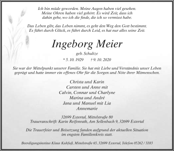 Anzeige  Ingeborg Meier  Lippische Landes-Zeitung