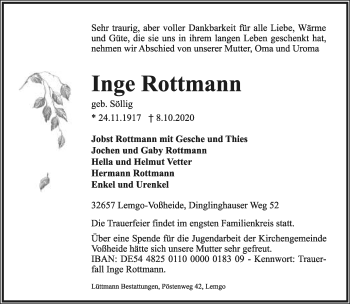 Anzeige  Ingeborg Rottmann  Lippische Landes-Zeitung