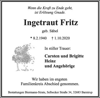 Anzeige  Ingetraut Fritz  Lippische Landes-Zeitung
