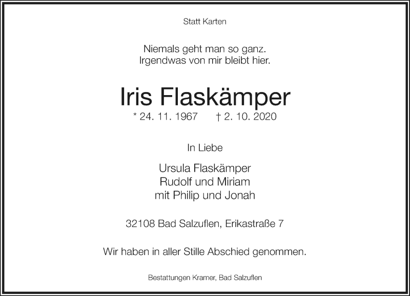  Traueranzeige für Iris Flaskämper vom 17.10.2020 aus Lippische Landes-Zeitung