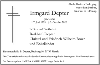 Anzeige  Irmgard Depter  Lippische Landes-Zeitung