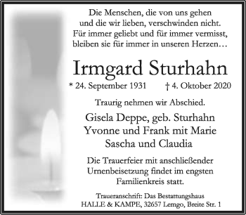 Anzeige  Irmgard Sturhahn  Lippische Landes-Zeitung