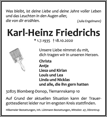 Anzeige  Karl-Heinz Friedrichs  Lippische Landes-Zeitung