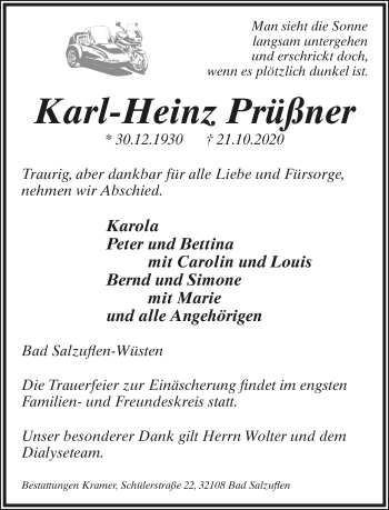 Anzeige  Karl-Heinz Prüßner  Lippische Landes-Zeitung