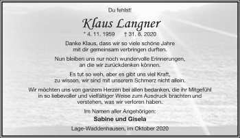 Anzeige  Klaus Langner  Lippische Landes-Zeitung