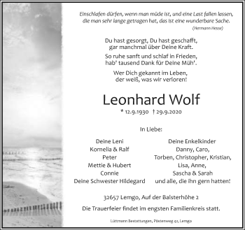 Anzeige  Leonhard Wolf  Lippische Landes-Zeitung