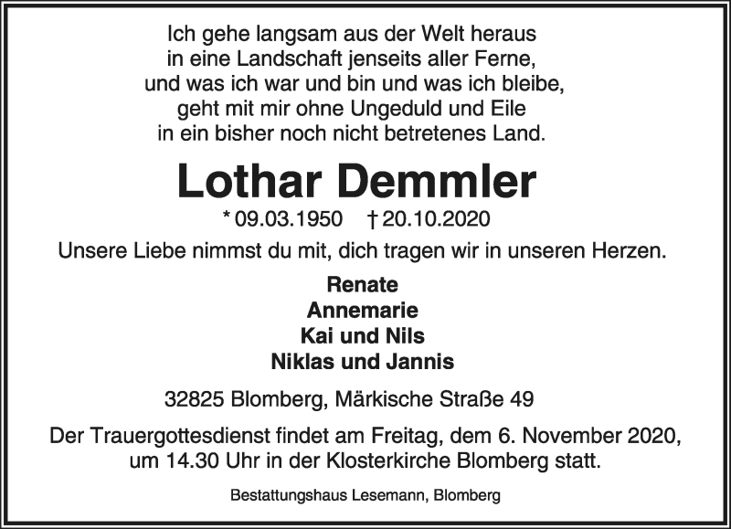  Traueranzeige für Lothar Demmler vom 24.10.2020 aus Lippische Landes-Zeitung