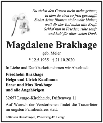 Anzeige  Magdalene Brakhage  Lippische Landes-Zeitung