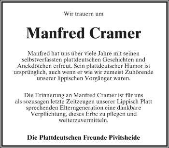 Anzeige  Manfred Cramer  Lippische Landes-Zeitung