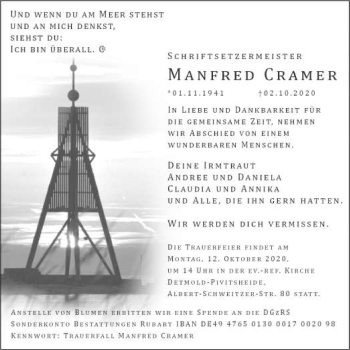 Anzeige  Manfred Cramer  Lippische Landes-Zeitung