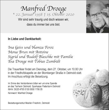 Anzeige  Manfred Droege  Lippische Landes-Zeitung