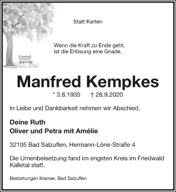 Anzeige  Manfred Kempkes  Lippische Landes-Zeitung