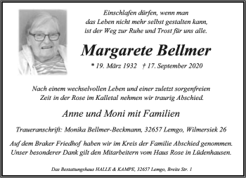 Anzeige  Margarete Bellmer  Lippische Landes-Zeitung