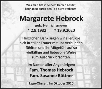 Anzeige  Margarete Hebrock  Lippische Landes-Zeitung