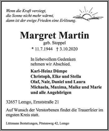 Anzeige  Margret Martin  Lippische Landes-Zeitung