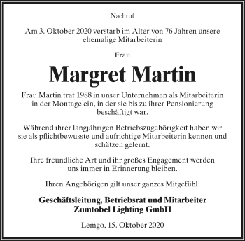 Anzeige  Margret Martin  Lippische Landes-Zeitung