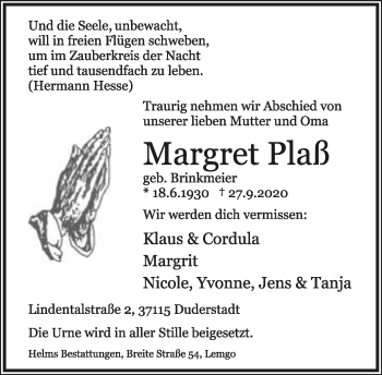 Anzeige  Margret Plaß  Lippische Landes-Zeitung