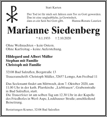 Anzeige  Marianne Siedenberg  Lippische Landes-Zeitung