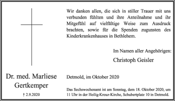 Anzeige  Marliese Gertkemper  Lippische Landes-Zeitung