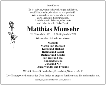 Anzeige  Matthias Monsehr  Lippische Landes-Zeitung