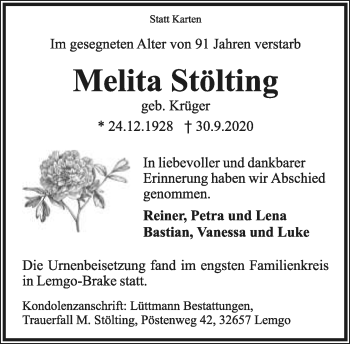 Anzeige  Melita Stölting  Lippische Landes-Zeitung