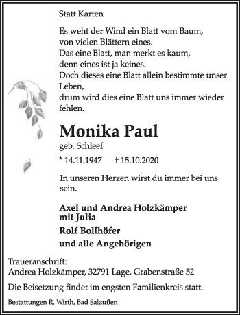 Anzeige  Monika Paul  Lippische Landes-Zeitung