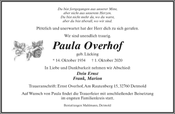 Anzeige  Paula Overhof  Lippische Landes-Zeitung