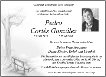 Anzeige  Pedro Cortes Gonzalez  Lippische Landes-Zeitung