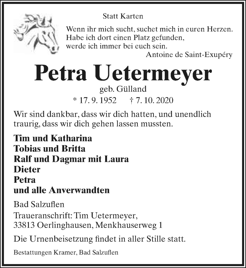  Traueranzeige für Petra Uetermeyer vom 10.10.2020 aus Lippische Landes-Zeitung