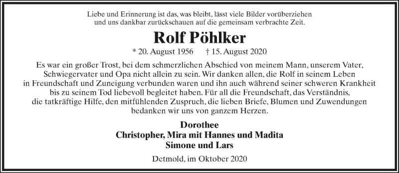  Traueranzeige für Rolf Pöhlker vom 03.10.2020 aus Lippische Landes-Zeitung