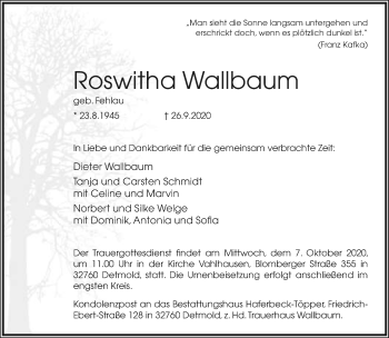 Anzeige  Roswitha Wallbaum  Lippische Landes-Zeitung