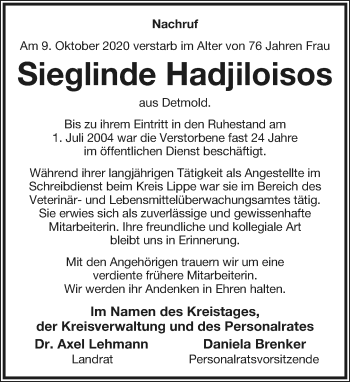 Anzeige  Sieglinde Hadjiloisos  Lippische Landes-Zeitung