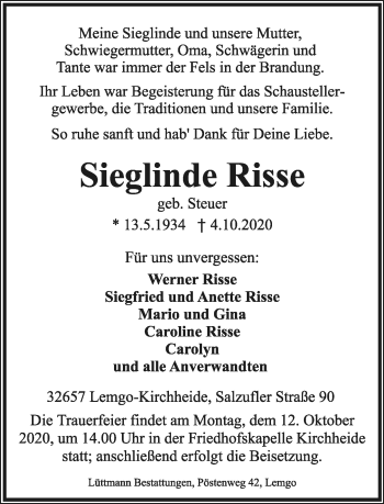 Anzeige  Sieglinde Risse  Lippische Landes-Zeitung