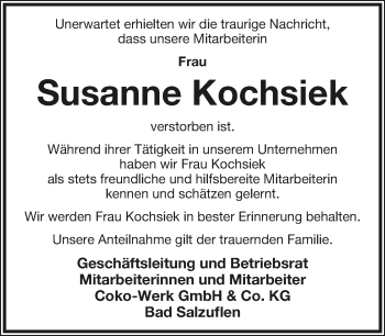 Anzeige  Susanne Kochsiek  Lippische Landes-Zeitung