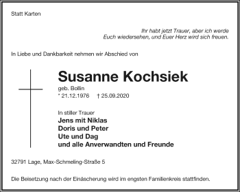 Anzeige  Susanne Kochsiek  Lippische Landes-Zeitung