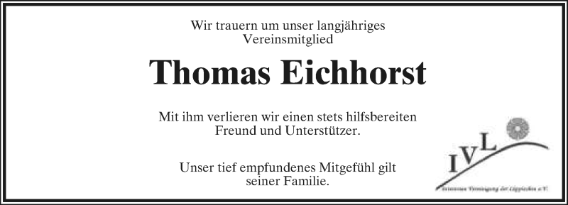  Traueranzeige für Thomas Eichhorst vom 31.10.2020 aus Lippische Landes-Zeitung