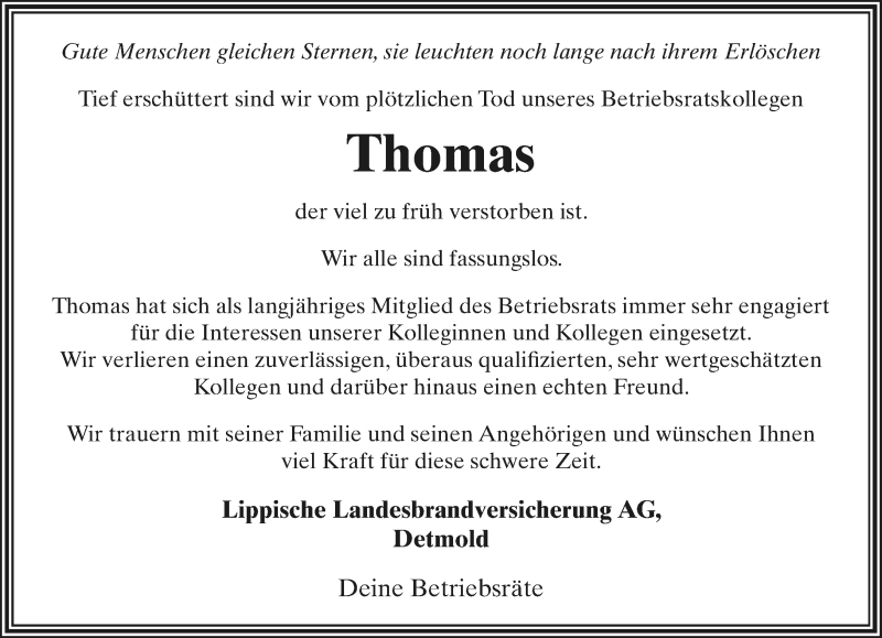  Traueranzeige für Thomas Eichhorst vom 31.10.2020 aus Lippische Landes-Zeitung