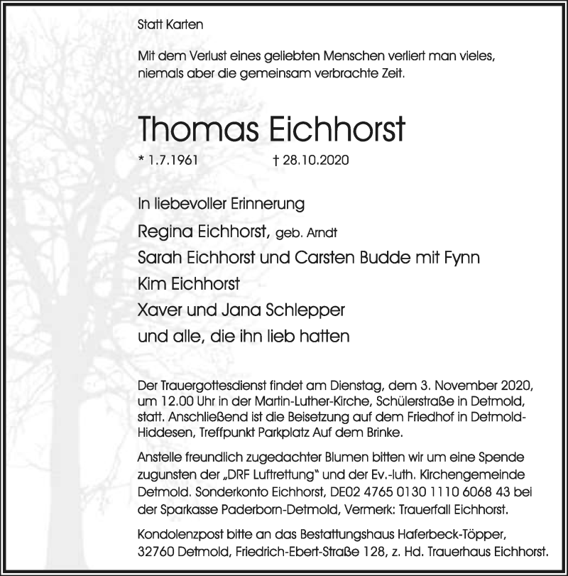  Traueranzeige für Thomas Eichhorst vom 31.10.2020 aus Lippische Landes-Zeitung