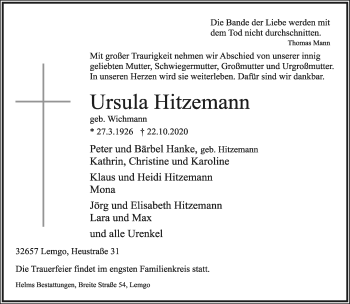 Anzeige  Ursula Hitzemann  Lippische Landes-Zeitung
