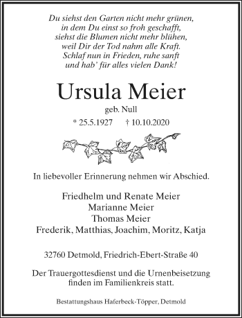 Anzeige  Ursula Meier  Lippische Landes-Zeitung