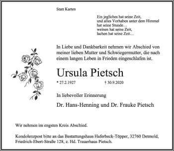Anzeige  Ursula Pietsch  Lippische Landes-Zeitung