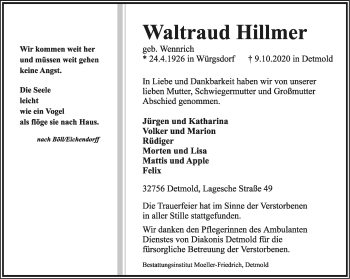Anzeige  Waltraud Hillmer  Lippische Landes-Zeitung
